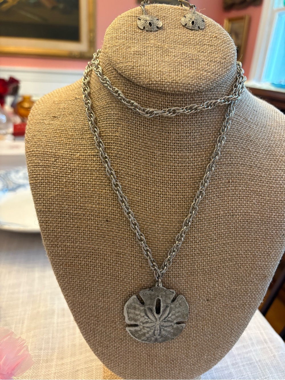 Vintage Metzke Pewter Sand Dollar Pendant Necklace with Screw Back Earrings